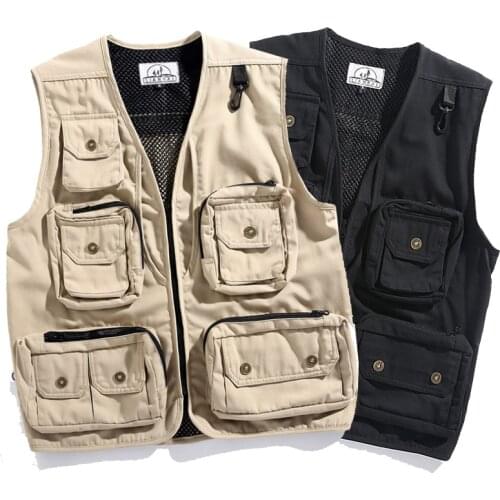 2021 Mens Vintage Tooling Vest Autumn Multi-Pockets Loose Zip Vest