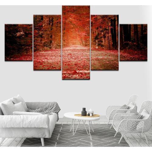 Autumn red fallen leaves forest poster 5 pieces canvas wallpaper modern poster modular art painting living room home decoration