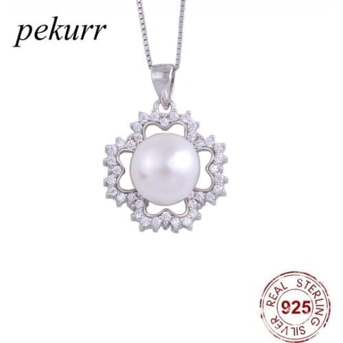 Pekurr 925 Sterling Silver Zircon Flower Lace Natural Freshwater Pearl Necklaces For Women 4 leaf Clover Pendants Jewelry