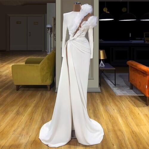 Sexy Evening Dresses A-line High Collar Long Sleeves Slit Saudi Arabia Long Prom Dress Gown Robe De Soiree