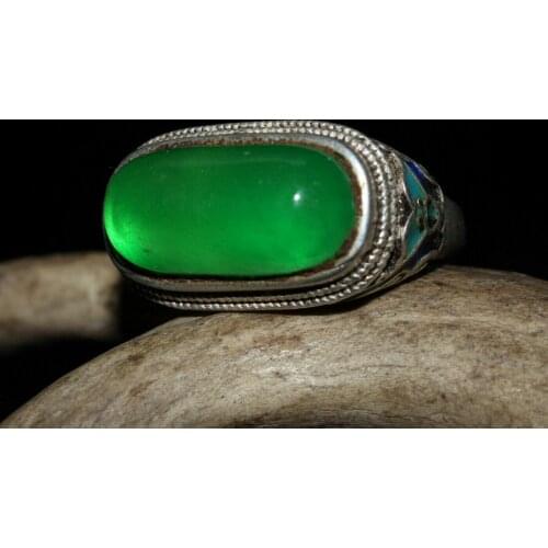 Chinese Old Craft Made Old Tibetan Silver Cloisonne Inlaid Green jade Ring