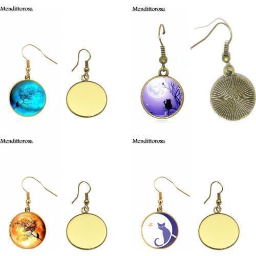 Mendittorosa Blue Moon and cat Vintage Jewelry Glass Cabochon Bronze/Silver/Golden Clip Ear Hook Drop Earrings For Women Wedding