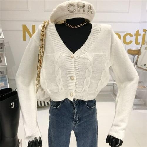 V-neck Knitted Cardigan Sweater Cardigan Female 2020 Niche Design Autumn/Winter New Fashion Short Fried Dough Twist Sweater
