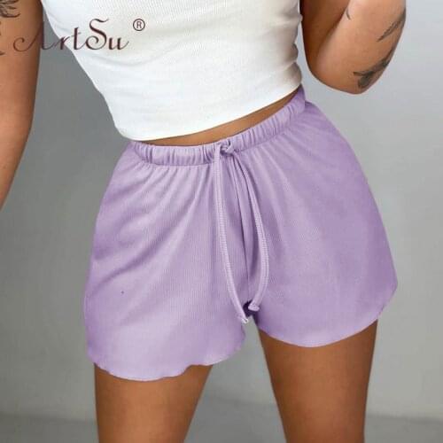ArtSu Women Shorts Summer Casual Solid Drawstring Shorts High Waist Loose Shorts For Girls Soft Black Purple 2021 New
