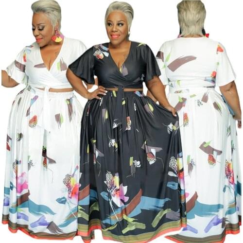 Plus Size High Quality Women Clothing 2021 Summer White Print Bandage Top and High Waist Maxi Dress Sets Drawstring 2 Piece Set
