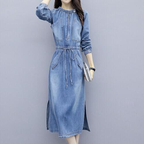 Women denim dress long Split elegant lady drawstring dresses auutmn casual fashion long sleeve female dress