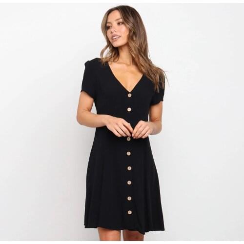 Elegant Women V-neck Short Sleeve Single-breasted Black Mini Dress 2021 Summer New Casual Slim Solid Color Fashion Vestidos