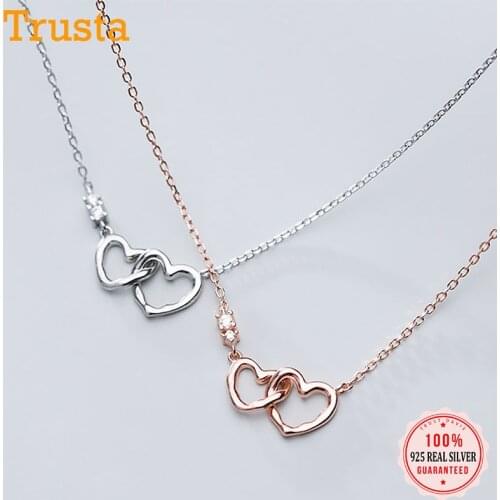 TrustDavis Real 925 Sterling Silver Sweet Double Heart Dazzling CZ Pendant Short Necklace For Women Wedding Jewelry Gift DS2009