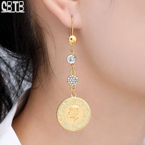 Golden Muslim Islamic Coin Women Iran Persia Turkey Jewelry Pendant Middle Eastern Fashion Popular Crystal Round Earrings