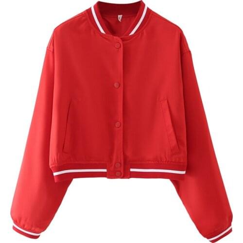 ZXQJ Women 2021 Fashion Ribbed Trim Baseball Jacket Vintage Small Stand Collar Long Sleeve Pockets Female Coat Mujer
