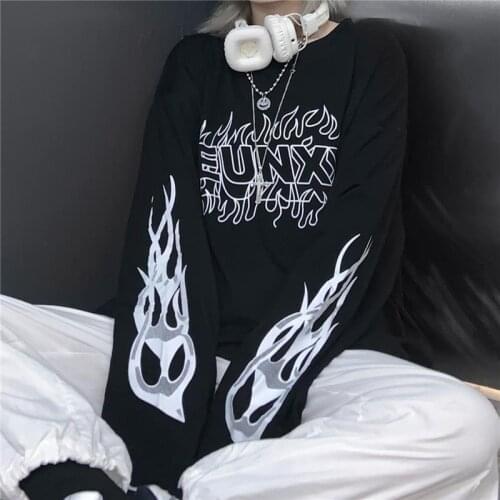 White Long sleeve Flame Print T Shirt Hip Hop Girl Cool High Street Autumn Tops Gothic Funny Harajuku Clothes Black T Shirts