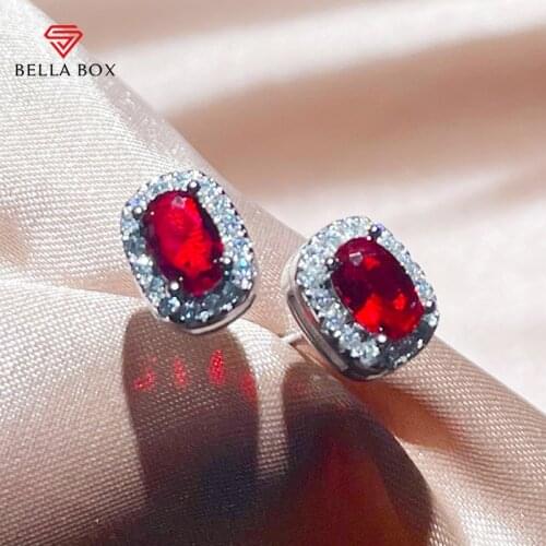 BELLA BOX Classic Oval Red Ruby Stub Earrings For Women 925 Sterling Silver Zircon Gemstone Wedding Engagement Female Gifts