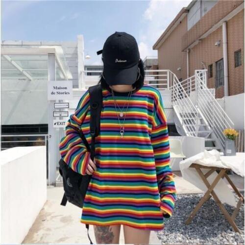 Fashion Rainbow Stripe T Shirt Spring Autumn Harajuku Girls Shirt Long Sleeve Oversized Tshirt Woman Korean Tops Feminine