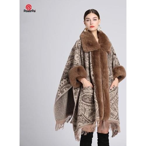 Fashion Soft Faux Rex Rabbit Fur Jacquard Coat Women Winter Loose Cape Woolen Overcoat Turn-Down Collar Tassels Cloak