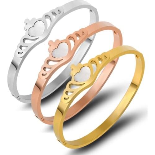 2021 New Fashion White Shell Heart Bangles Bracelet For Women Stainless Steel Rose Gold Color Crown Shape Bangle Classic Jewelry
