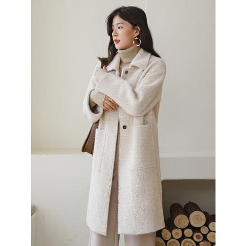 Woolen coat womens middle and long style loose new style autumn and winter simple thickened temperament woolen coat womens