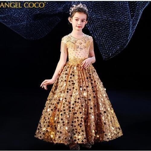 Girls Dress Luxury Childrens Catwalk Princess Dress Kids Golden Sequins Piano Costumes Formal Teenage Girls Wedding Party Gown