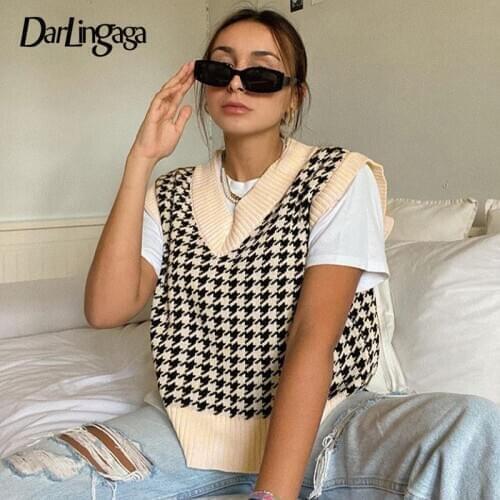 Darlingaga Streetwear V Neck Houndstooth Knitted Sweater Vest Sleeveless Vintage Pullovers Autumn Womens Sweaters 2020 Jumpers