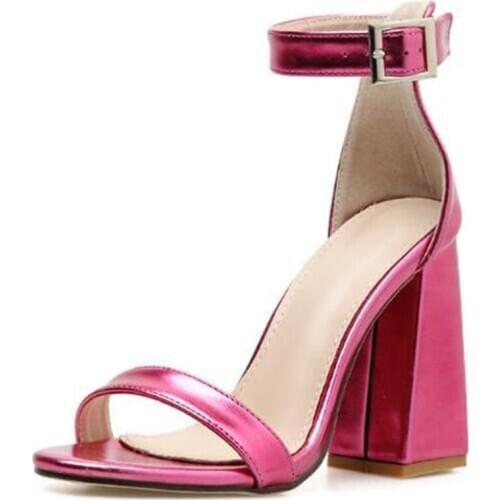 Women sandals PU Buckle Strap 11.5CM Square heel High heels Round Toe Shallow zapatos de mujer women shoes size 35-42 Rose Red