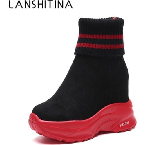 2020 Winter Platform Women Ankle Boots Female Non Slip Sneakers Shoe 10CM Wedge Heels Sock Boots Autumn Flock Short Boots Woman