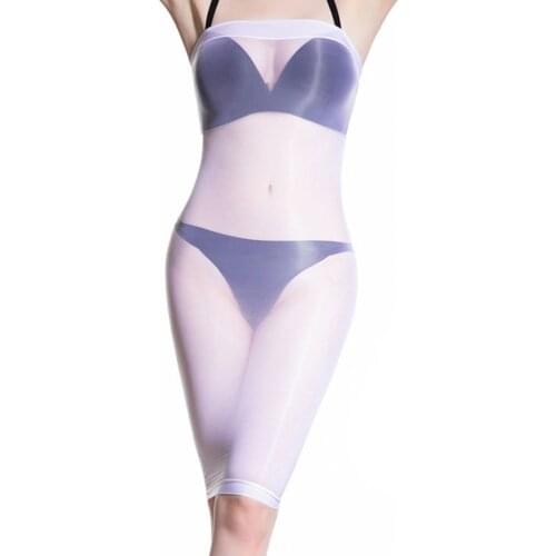 Womens Erotic Lingerie Glossy Strapless Bodycon Dress Clubwear See-Through Sheer Stretchy Sexy Dresses for Dance Performance