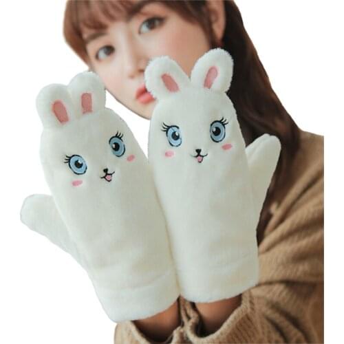 Women Winter Fuzzy Fluffy Plush Full Finger Gloves with String Cartoon Panda Rabbit Embroidery Mittens Windproof Thermal Hand Wa