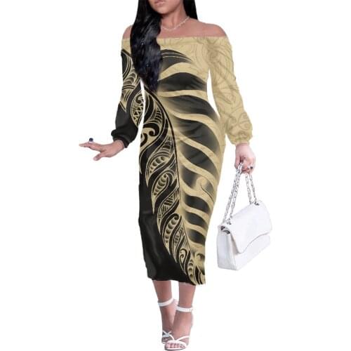 Polynesian Tribal Tonga Style Womens Robe Brief Elegant Casual Maxi Dress Long Sleeve Off Shoulder Dresses Turtle Tattoo Prints