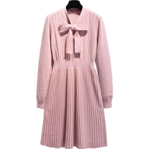 Teenager Winter Dress Bow Tie Collar Sweater Dresses Plus Size Mini Knitted Dress Female Pullover Kids Pleated Dress for 12-20Y
