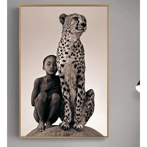 Child With Cheetah Canvas Paintings Wall Art Posters And Prints Nature Animals Wall Canvas Pictures For Living Room Cuadros