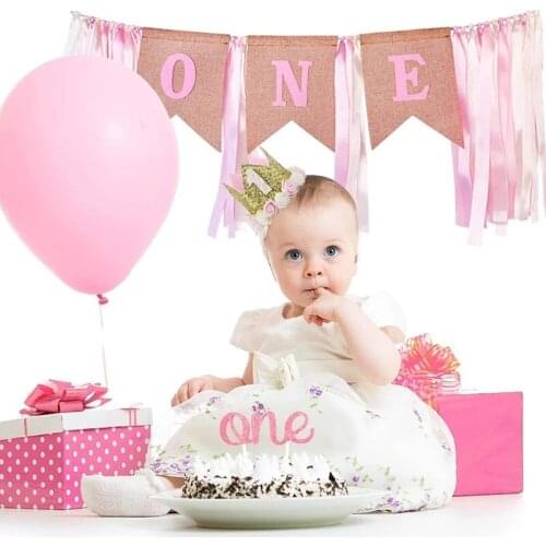 Baby 1st Birthday High Chair Banner Girl First Birthday Decorations Cake Topper One Banner Crown Baby Shower Decor Supplies