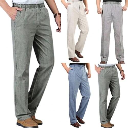 Men High Waist Deep Crotch Breathable Elastic Waist Straight Trousers Thin Pants for Daily Wear