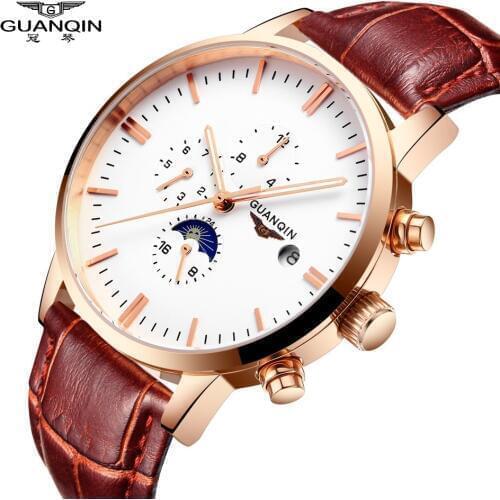 GUANQIN Male Watches, Famous Brand Watches With Leather Strap 24 Hour Calendar Week Month Moon Phase Mechanical Wristwatch