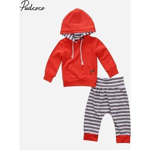 2PCS Cotton Newborn Infant Baby Boy Girl Clothes Set Long Sleeve Hooded Tops+Pants Outfit Set Red Long Sleeve Cute Suit Age 0-2T