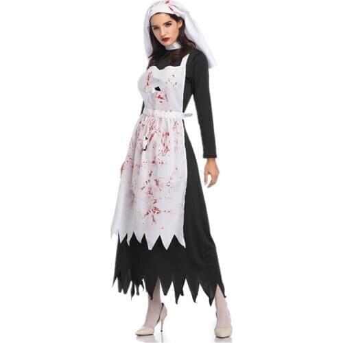 Halloween Costume Adult Horror Bloody Nun Costume Cosplay Nun Maid Zombie Irregular Long Dress