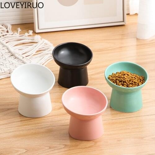 Pet bowl ceramic cat bowl dog bowl oblique mouth high bowl cat food bowl protection spine flat face double bowl pet supplies