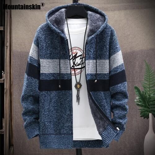 Mountainskin New Winter mens Hooded Sweater Autumn plus velvet thick mens Long Sweater Coat Casual Warm Stripe Cardigan MT092