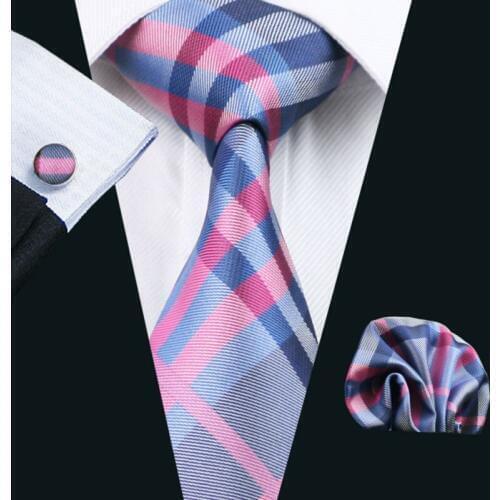 LS-467 Men`s Tie 100% Silk Plaid Jacquard Woven Gravata Tie+Hanky+Cufflinks Set For Formal Wedding Business Party Free Postage