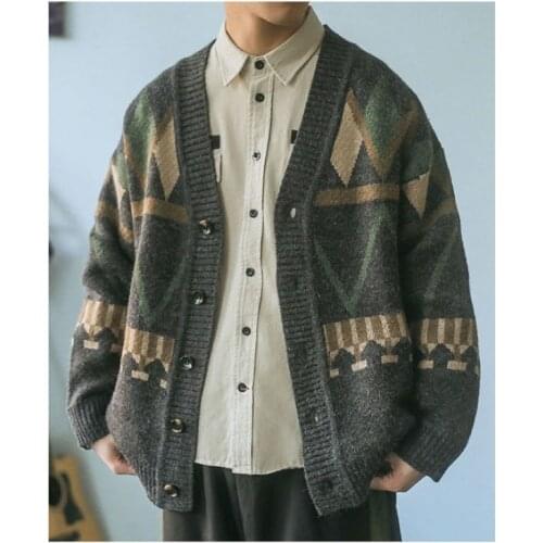 Mens 2021 Spring And Autumn New Retro Japanese Fashion Casual And Comfortable Color Matching Rhombus V-Neck Cardigan Sweater