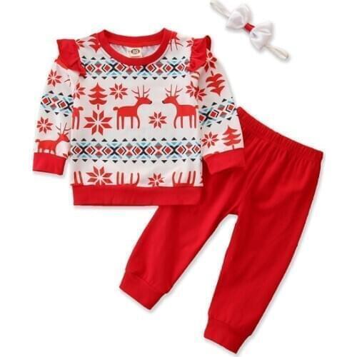 Christmas Deer Leisure Baby Children Girls Boys Clothing Autumn Kids Clothes Set Long-sleeve Tops+Trousers+Headwear 3PCS Outfit