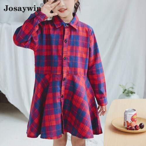 Children Dress for Girls kids Baby Autumn Summer Teenager Long Sleeve Plaid Girls Dresses Turn-down Collar Shirt Dress Vestidos