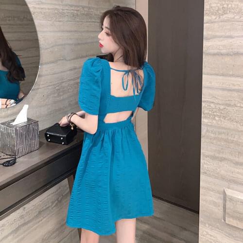 Puff Sleeve Dresses Square Collar Womens Clothing Hollow Out Summer Style Sweet Korean Fashion Clothes Female Short Dress New