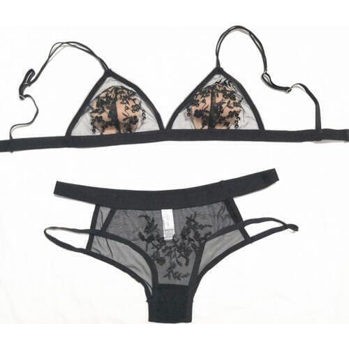 Sexy Underwear Set Ultra Thin Mesh Transparent Embroidery Bra and Panty Set French Lace Triangle Bra Thin Lined Women Lingerie