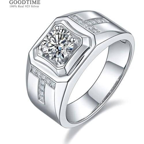Luxury Men Moissanite Ring Pure 100% 925 Sterling Silver Shine Rhinestone Ring Jewelry Gift For Bridegroom Wedding Party