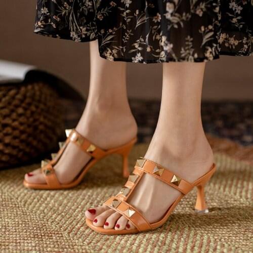 High heel sandals 2021 new summer word with high heels European and American fashion hollow rivet sexy fashion shoes
