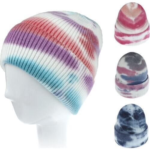 Unisex Winter Autumn Warm Keeping Tie-dye Ribbed Dome Knitted Hat Sports hats for women winter beanie caps