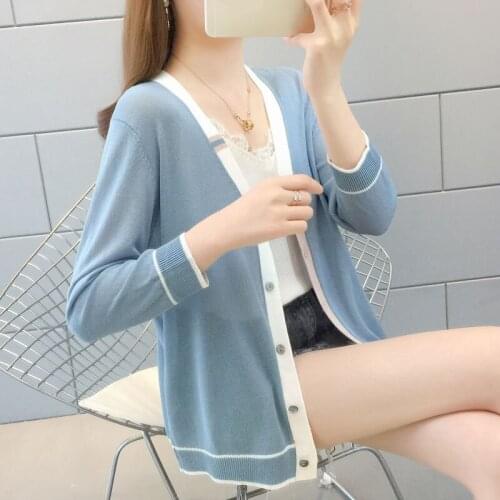 Thin lightweight knitted women sweater cardigan v-neck striped loose casual all match female outwear coat tops