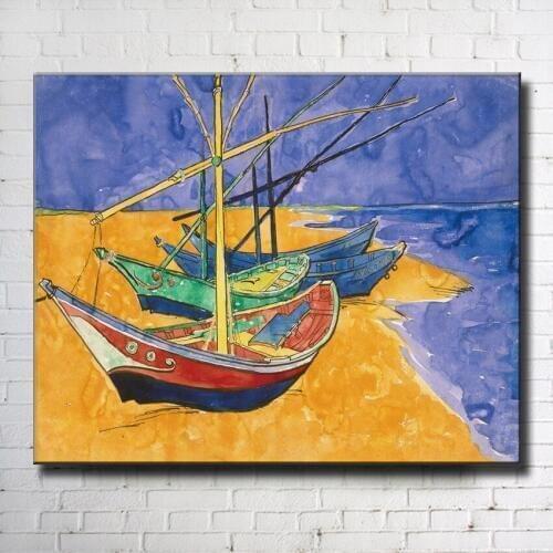 Impression Van color fishing boat on beach canvas printings oil painting printed on canvas wall art decoration picture no frame