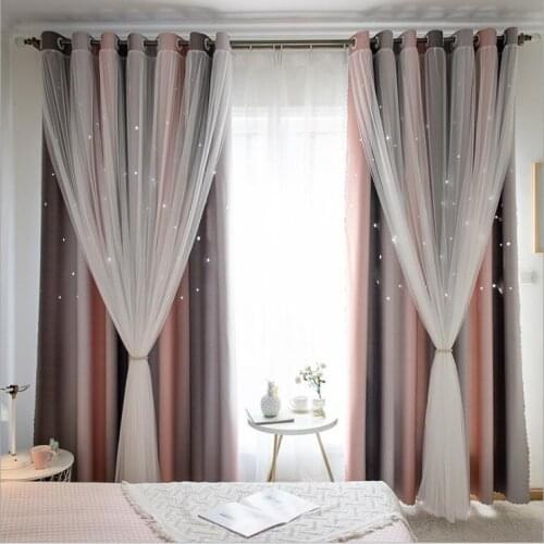 Blue green stars blackout curtains for living room Brown Stitching curtain for bedroom window luxury organza sheer cotton linen