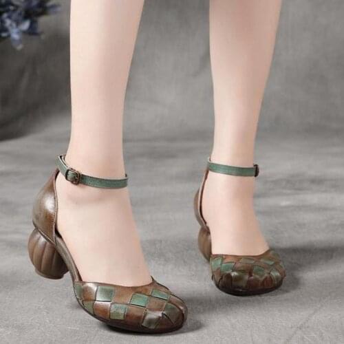 YourSeason Ladies High Heels Shoes Mixed Colors Handmade Concise Women 2021 Buckle Strap Retro Pumps Genuine Leather