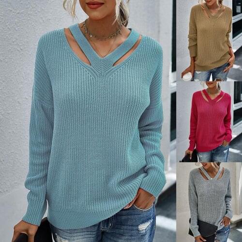 Women Solid Color V-neck Hollow Long-sleeved Sweater Pullover Knitted Sweatshirt